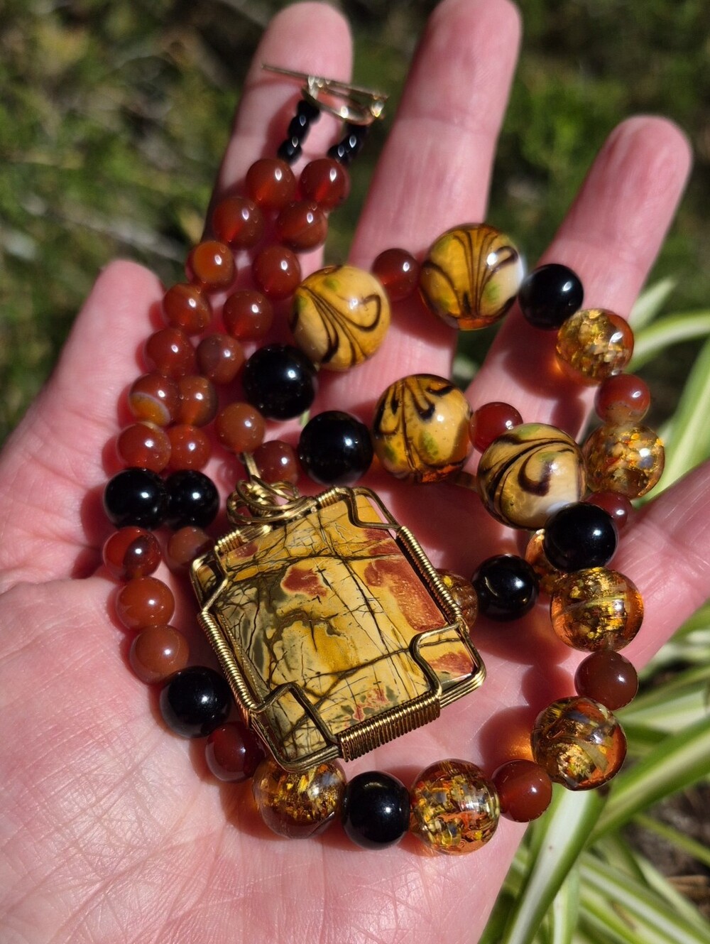Artisan Wire Wrapped Picasso Jasper Carnelian Art Glass Beaded Necklace 20" - Picture 2 of 9